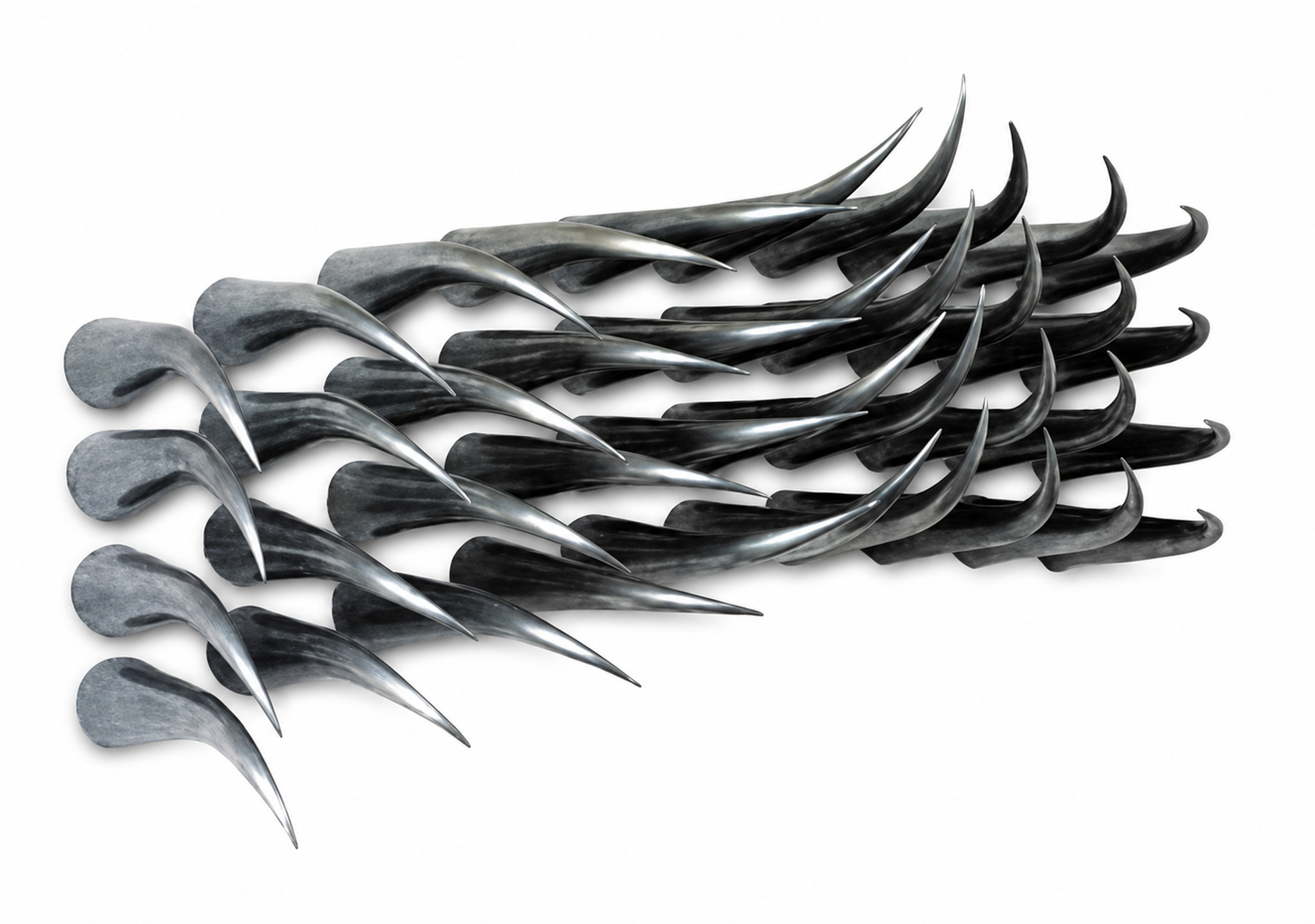 Untitled, 1997, cast Aluminum. 40 pieces. Each 16 inches. Wall space: 56 x 24 inches. 301cm X 231cm, 35.5cm Projection. Edition of 3. - Sculpture by Tom Bell